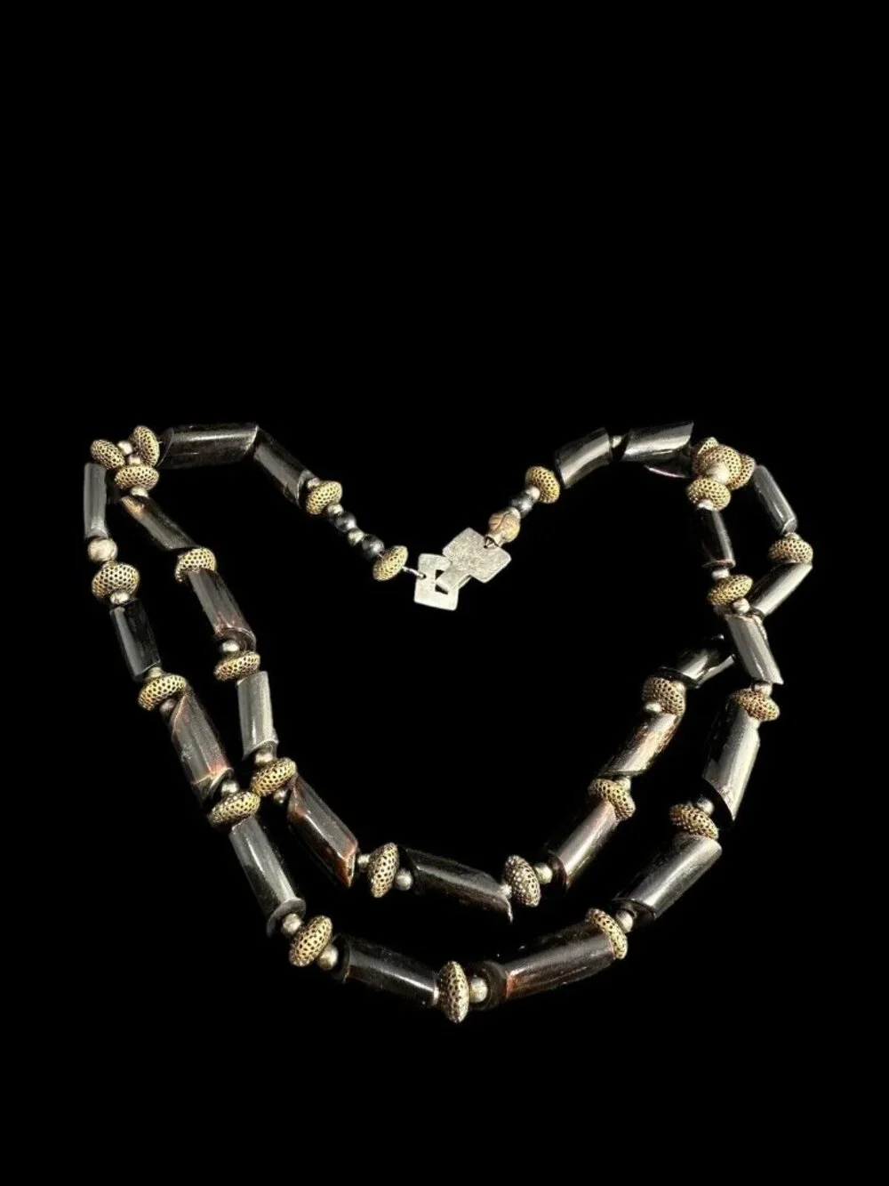 Hawaiian Black Coral Branch Sterling Silver And Brass Bead Necklace Vintage